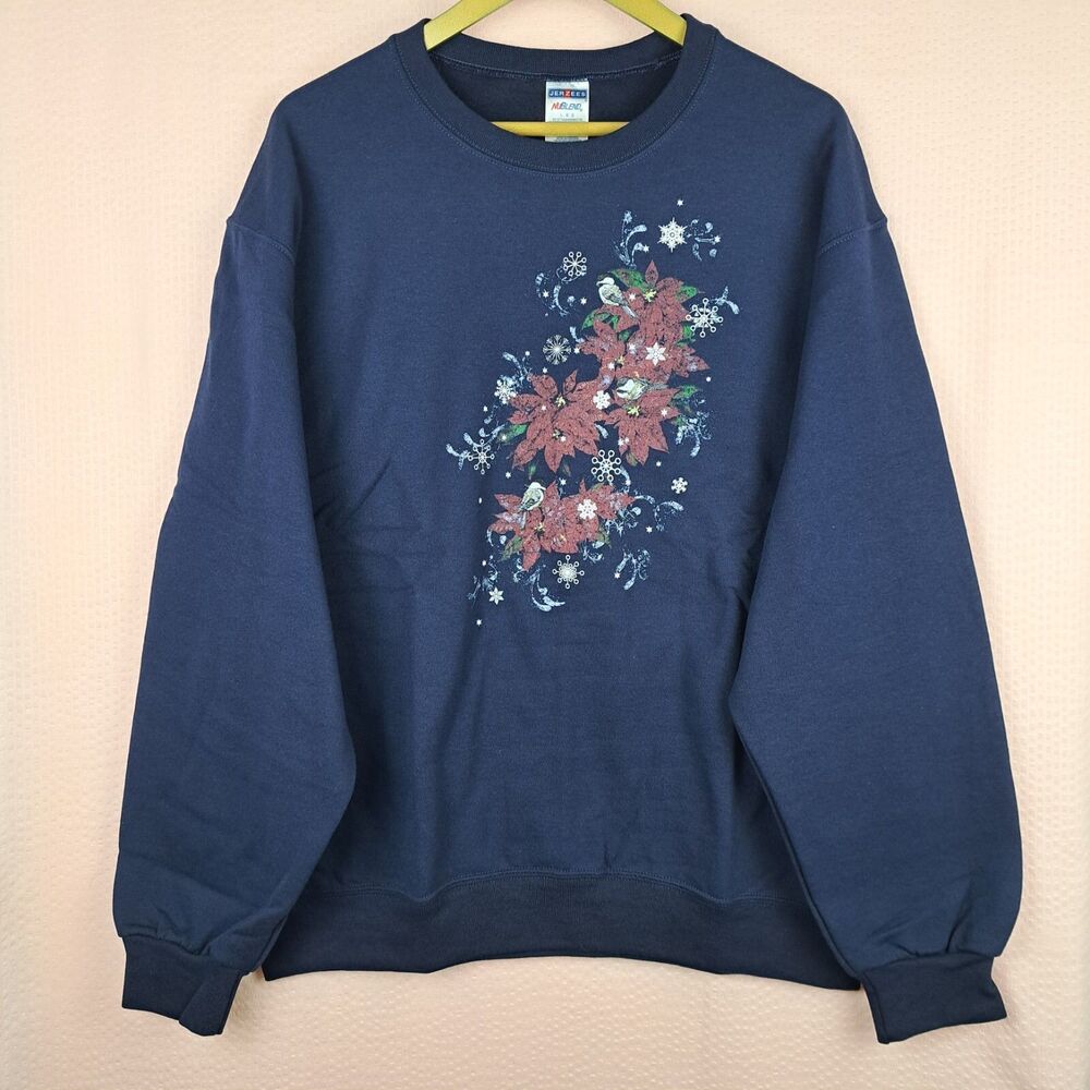 NEW Jerzees Sweatshirt Men Crew Neck Christmas Size L Blue Long Sleeve